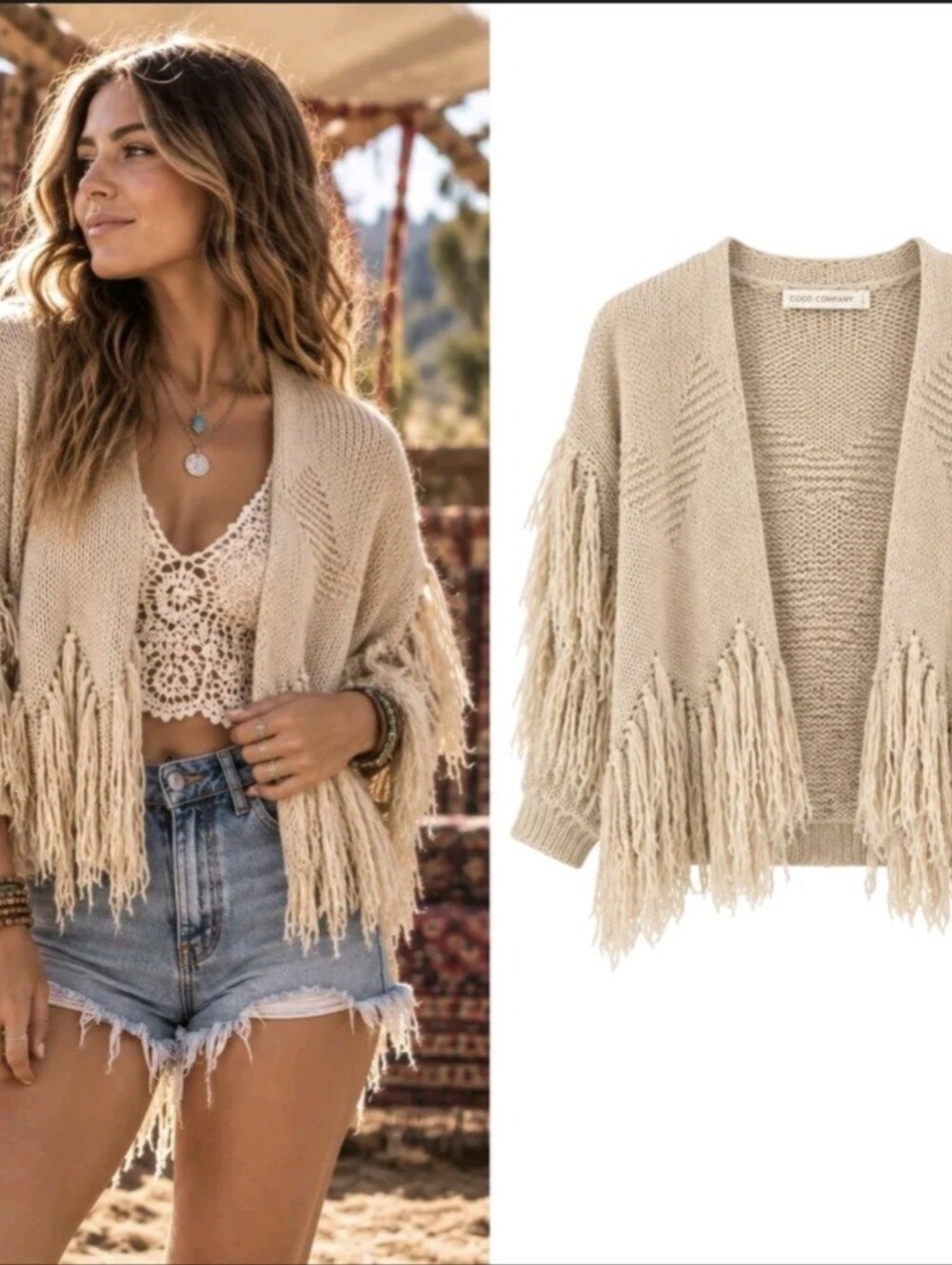 Cato - Fringe Knit Shrug in Cream